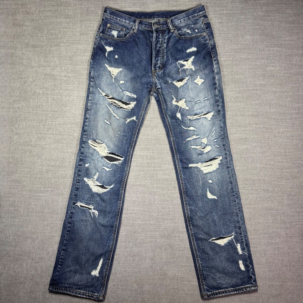 MNML Distressed Straight Leg Jeans Men's‎ 30x33 Medium Wash Button Fly Denim - Picture 2 of 10